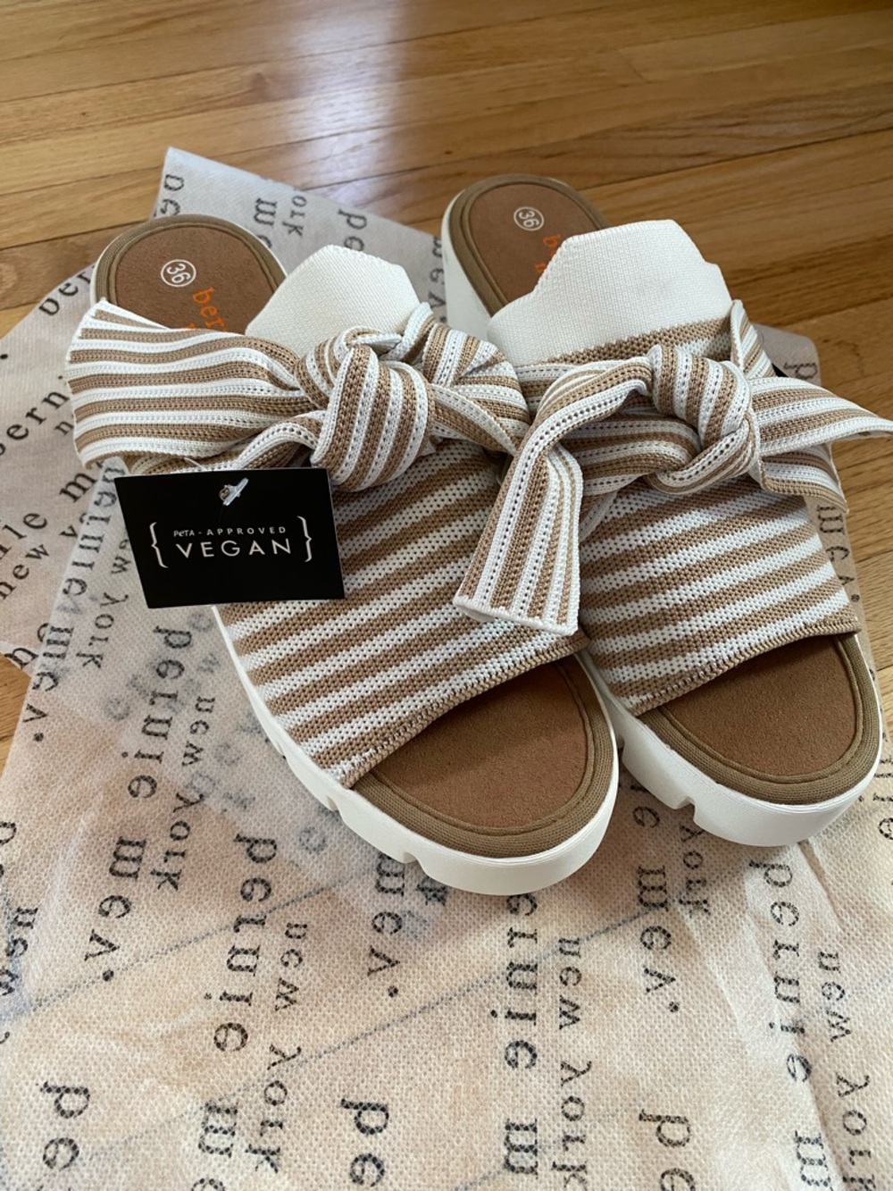 bernie mev. Striped Bow Platform Slides in Beige and White